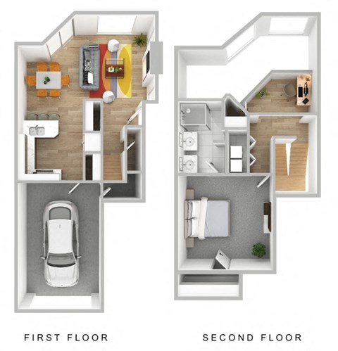 A diagram of a two-story house with labeled first and second floors.